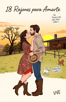 A realistic illustration of a curvy short woman with brown hair styled in a braid, wearing a floral dress and cowboy boots, kissing on the lips with a taller muscular man with short wavy hair, a few tattoos, and a light beard