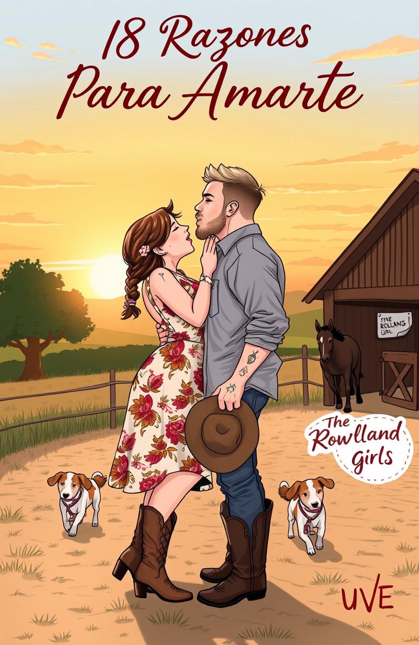 A realistic illustration of a curvy short woman with brown hair styled in a braid, wearing a floral dress and cowboy boots, kissing on the lips with a taller muscular man with short wavy hair, a few tattoos, and a light beard