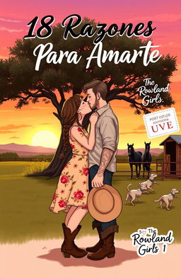 A realistic illustration of a curvy short woman with brown hair styled in a braid, wearing a floral dress and cowboy boots, kissing on the lips with a taller muscular man with short wavy hair, a few tattoos, and a light beard
