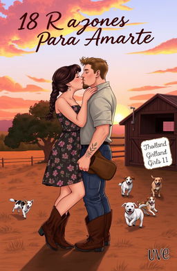A realistic illustration of a curvy short woman with brown hair styled in a braid, wearing a floral dress and cowboy boots, kissing on the lips with a taller muscular man with short wavy hair, a few tattoos, and a light beard