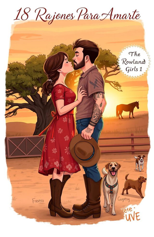 A realistic illustration of a curvy short woman with brown hair styled in a braid, wearing a floral dress and cowboy boots, sharing a kiss with a taller, muscular man with short, wavy hair, visible tattoos, and a light beard