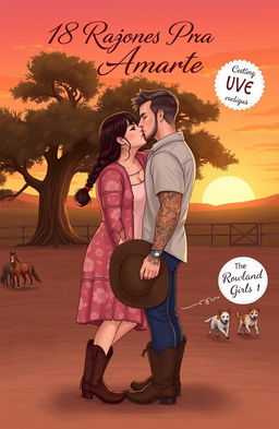 A realistic illustration of a curvy short woman with brown hair styled in a braid, wearing a floral dress and cowboy boots, sharing a kiss with a taller, muscular man with short, wavy hair, visible tattoos, and a light beard