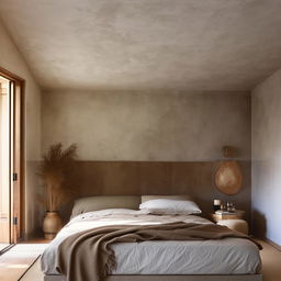 A modern organic bedroom with elements of japandi and industrial design. Balancing simplicity and comfort, featuring natural textures, minimalist shapes, warm wooden accents and metallic industrial details.