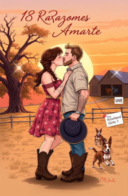 A realistic illustration of a curvy short woman with brown hair styled in a braid, wearing a floral dress and cowboy boots, sharing a kiss with a taller, muscular man with short, wavy hair, visible tattoos, and a light beard