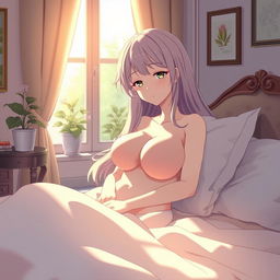 A peaceful anime scene depicting a beautiful character with large breasts, lounging comfortably in an elegantly styled bedroom on a soft bed
