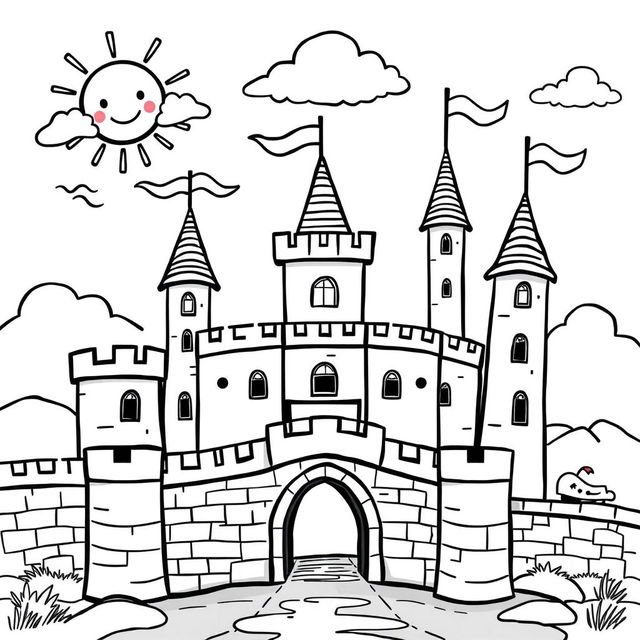 A whimsical, child-friendly medieval castle featuring a drawbridge, with tall towers and flags waving in the breeze