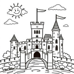 A whimsical, child-friendly medieval castle featuring a drawbridge, with tall towers and flags waving in the breeze