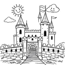 A whimsical, child-friendly medieval castle featuring a drawbridge, with tall towers and flags waving in the breeze