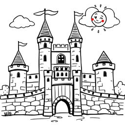 A whimsical, child-friendly medieval castle featuring a drawbridge, with tall towers and flags waving in the breeze