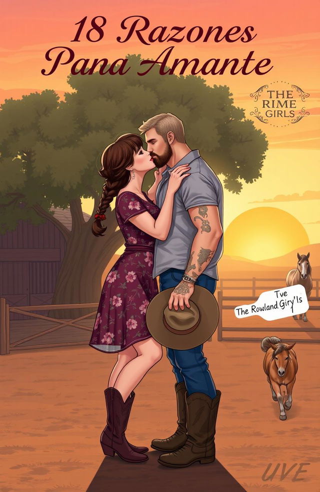 A realistic illustration of a curvy short woman with brown hair styled in a braid, wearing a floral dress and cowboy boots, passionately kissing a very tall, muscular man with short wavy hair, tattoos, and a light beard