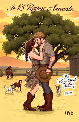 A realistic illustration of a curvy short woman with brown hair styled in a braid, wearing a floral dress and cowboy boots, passionately kissing a very tall, muscular man with short wavy hair, tattoos, and a light beard