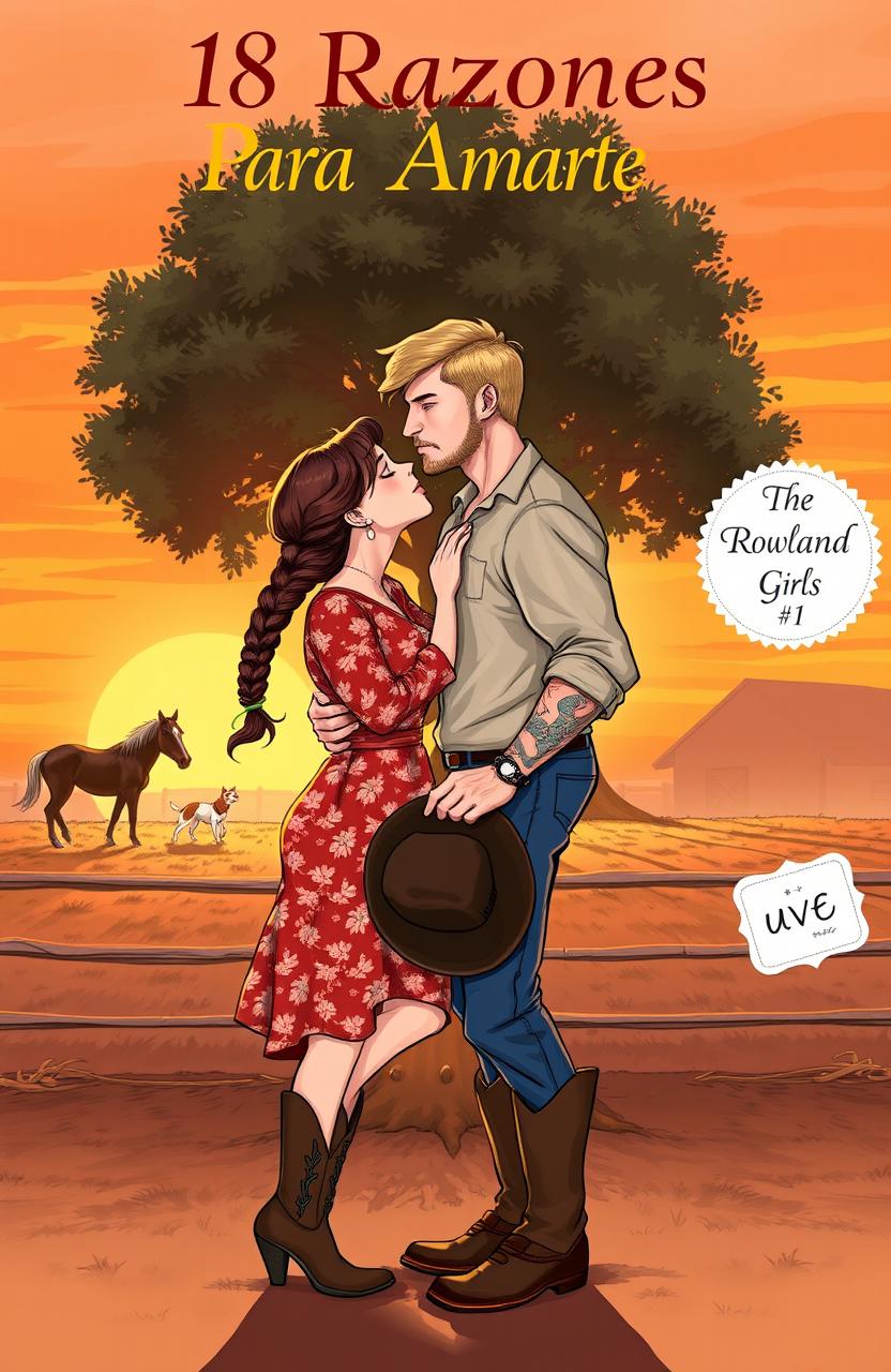 A realistic illustration of a curvy short woman with brown hair styled in a braid, wearing a floral dress and cowboy boots, passionately kissing a very tall, muscular man with short wavy hair, tattoos, and a light beard