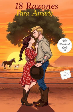 A realistic illustration of a curvy short woman with brown hair styled in a braid, wearing a floral dress and cowboy boots, passionately kissing a very tall, muscular man with short wavy hair, tattoos, and a light beard