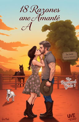 A realistic illustration of a curvy short woman with brown hair styled in a braid, wearing a floral dress and cowboy boots, passionately kissing a very tall, muscular man with short wavy hair, tattoos, and a light beard