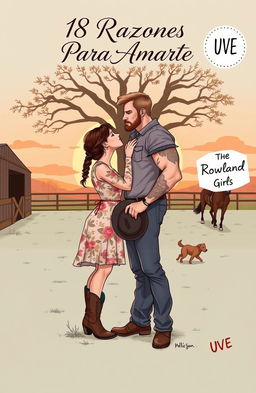 A realistic illustration of a curvy short woman with brown hair styled in a braid, wearing a floral dress and cowboy boots, kissing a very tall, muscular man with short wavy hair, tattoos, and a light beard