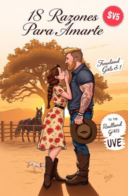 A realistic illustration of a curvy short woman with brown hair styled in a braid, wearing a floral dress and cowboy boots, kissing a very tall, muscular man with short wavy hair, tattoos, and a light beard