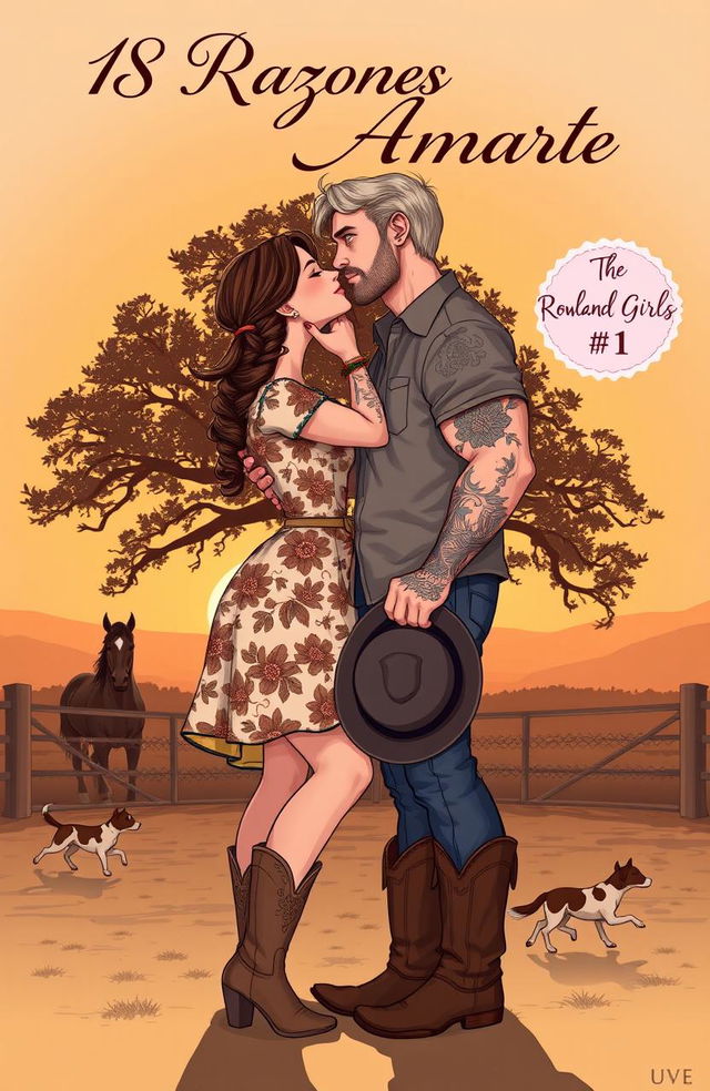 A realistic illustration of a curvy short woman with brown hair styled in a braid, wearing a floral dress and cowboy boots, kissing a very tall, muscular man with short wavy hair, tattoos, and a light beard