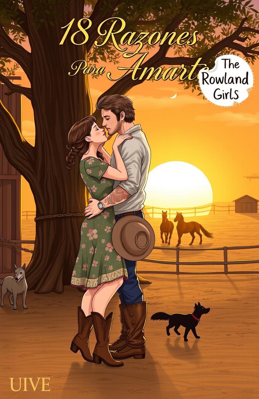 A realistic illustration of a curvy short woman with brown hair styled in a braid, wearing a floral dress and cowboy boots, kissing a very tall, muscular man with short wavy hair, tattoos, and a light beard