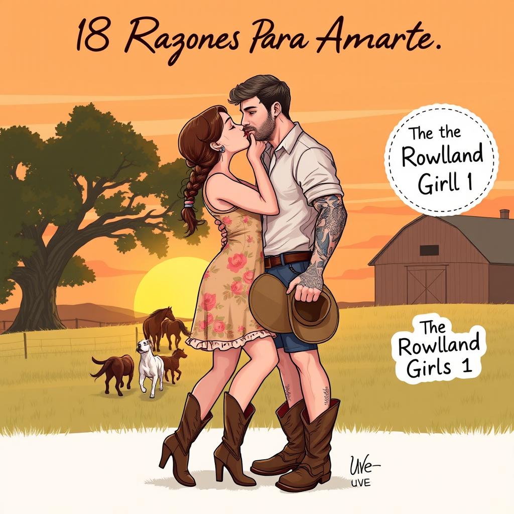 A realistic illustration depicting a curvaceous short woman with brown hair styled in a braid, wearing a floral dress and cowboy boots, kissing on the lips with a taller man who has short wavy hair, muscular build, tattoos, and a light beard