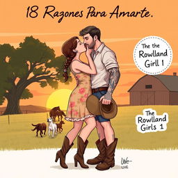 A realistic illustration depicting a curvaceous short woman with brown hair styled in a braid, wearing a floral dress and cowboy boots, kissing on the lips with a taller man who has short wavy hair, muscular build, tattoos, and a light beard