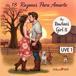 A realistic illustration depicting a curvaceous short woman with brown hair styled in a braid, wearing a floral dress and cowboy boots, kissing on the lips with a taller man who has short wavy hair, muscular build, tattoos, and a light beard