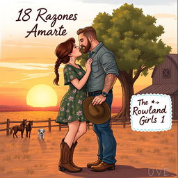 A realistic illustration depicting a curvaceous short woman with brown hair styled in a braid, wearing a floral dress and cowboy boots, kissing on the lips with a taller man who has short wavy hair, muscular build, tattoos, and a light beard