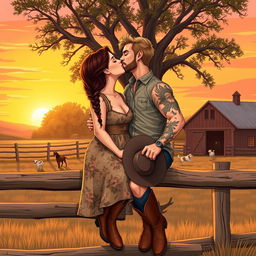 A realistic illustration of a curvy short woman with brown hair styled in a braid, wearing a floral dress and cowboy boots, kissing a taller muscular man