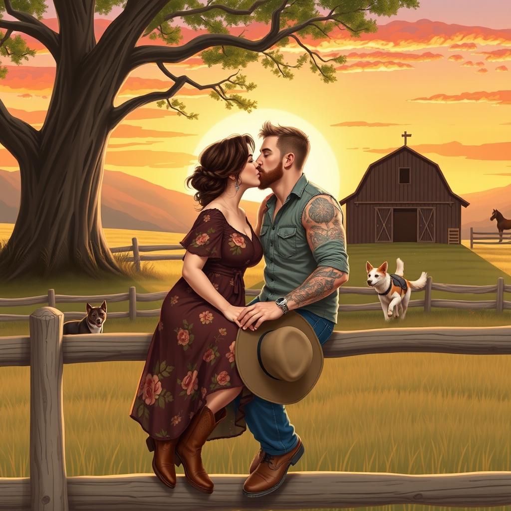 A realistic illustration of a curvy short woman with brown hair styled in a braid, wearing a floral dress and cowboy boots, kissing a taller muscular man