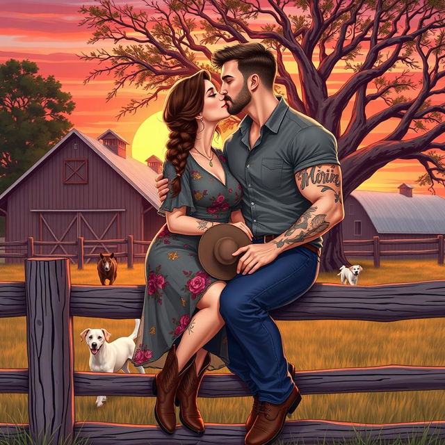 A realistic illustration of a curvy short woman with brown hair styled in a braid, wearing a floral dress and cowboy boots, kissing a taller muscular man