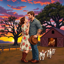 A realistic illustration of a curvy short woman with brown hair styled in a braid wearing a floral dress and cowboy boots, kissing on the lips with a taller muscular man with short wavy hair, light facial stubble, and tattoos