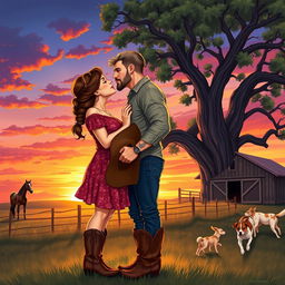 A realistic illustration of a curvy short woman with brown hair styled in a braid wearing a floral dress and cowboy boots, kissing on the lips with a taller muscular man with short wavy hair, light facial stubble, and tattoos