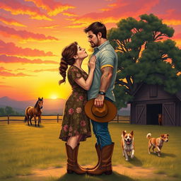 A realistic illustration of a curvy short woman with brown hair styled in a braid wearing a floral dress and cowboy boots, kissing on the lips with a taller muscular man with short wavy hair, light facial stubble, and tattoos