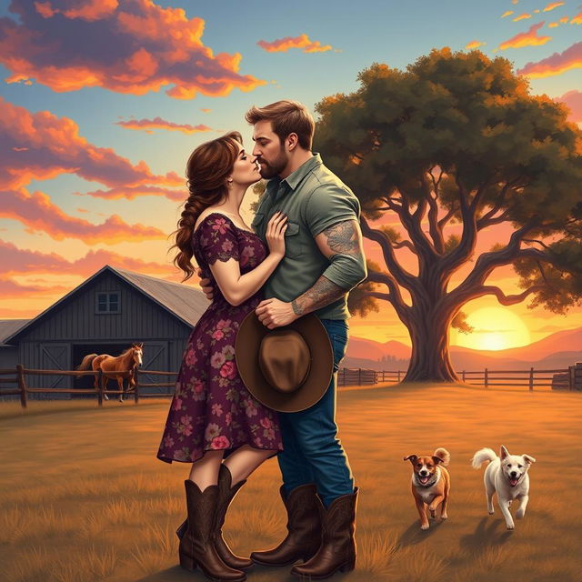 A realistic illustration of a curvy short woman with brown hair styled in a braid wearing a floral dress and cowboy boots, kissing on the lips with a taller muscular man with short wavy hair, light facial stubble, and tattoos