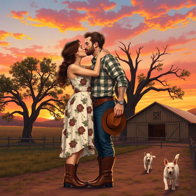 A realistic illustration of a curvy, short woman with brown hair styled in a braid, wearing a floral dress and cowboy boots, passionately kissing a taller man who has short wavy hair, muscular build, visible tattoos, and a light beard