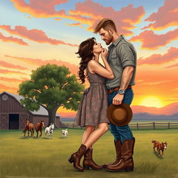 A realistic illustration of a curvy, short woman with brown hair styled in a braid, wearing a floral dress and cowboy boots, passionately kissing a taller man who has short wavy hair, muscular build, visible tattoos, and a light beard