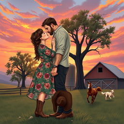 A realistic illustration of a curvy, short woman with brown hair styled in a braid, wearing a floral dress and cowboy boots, passionately kissing a taller man who has short wavy hair, muscular build, visible tattoos, and a light beard