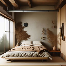 A modern organic bedroom with elements of japandi and industrial design. Balancing simplicity and comfort, featuring natural textures, minimalist shapes, warm wooden accents and metallic industrial details.