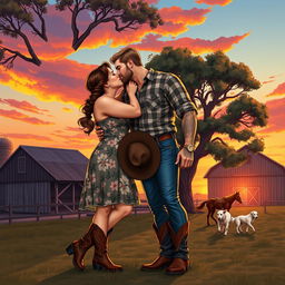 A realistic illustration of a curvy, short woman with brown hair styled in a braid, wearing a floral dress and cowboy boots, passionately kissing a taller man who has short wavy hair, muscular build, visible tattoos, and a light beard
