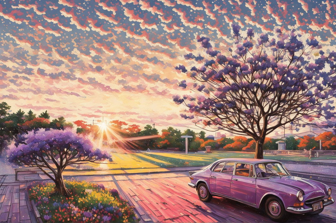 An impressionistic painting of Arakurayama Sengen Park at sunset, featuring a jacaranda tree in bloom and a retro car