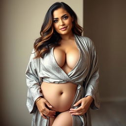 A curvy slim woman with a fuller figure, elegantly draped in a luxurious robe that highlights her deep cleavage and narrow tummy