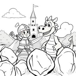 A whimsical, child-friendly scene depicting a cute knight in shiny armor, looking determined as he playfully fights a comical dragon with a cheeky grin