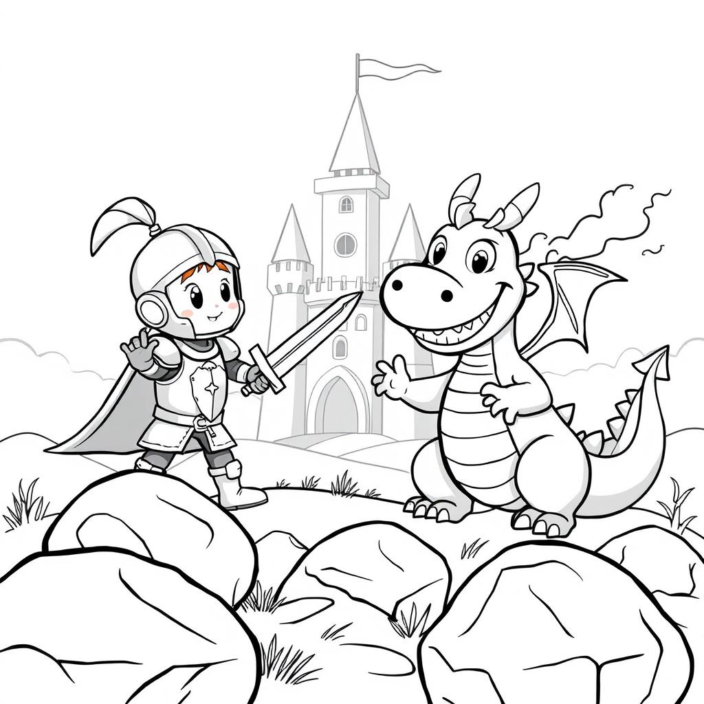 A whimsical, child-friendly scene depicting a cute knight in shiny armor, looking determined as he playfully fights a comical dragon with a cheeky grin