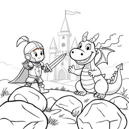 A whimsical, child-friendly scene depicting a cute knight in shiny armor, looking determined as he playfully fights a comical dragon with a cheeky grin