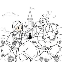 A whimsical, child-friendly scene depicting a cute knight in shiny armor, looking determined as he playfully fights a comical dragon with a cheeky grin