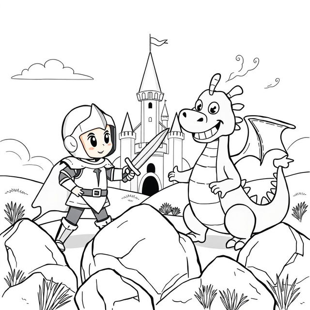 A whimsical, child-friendly scene depicting a cute knight in shiny armor, looking determined as he playfully fights a comical dragon with a cheeky grin