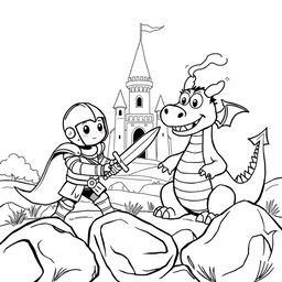 A whimsical, child-friendly scene depicting a cute knight in shiny armor, looking determined as he playfully fights a comical dragon with a cheeky grin