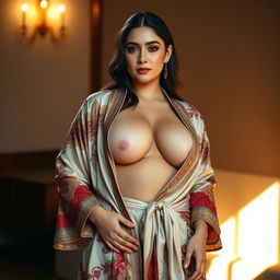 A curvy slim Uzbekistan woman with a fuller figure, elegantly draped in a luxurious robe that beautifully accentuates her deep cleavage and narrow tummy