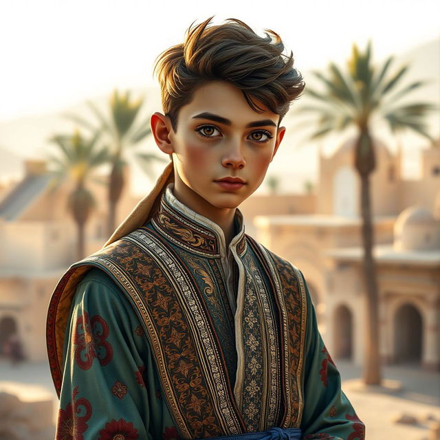 A portrait of an Arab femboy boy in 1875, showcasing an elaborate traditional outfit with intricate patterns and rich colors