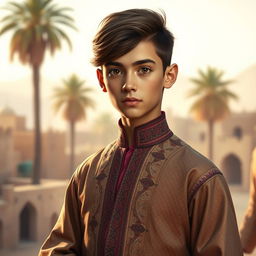 A portrait of an Arab femboy boy in 1875, showcasing an elaborate traditional outfit with intricate patterns and rich colors