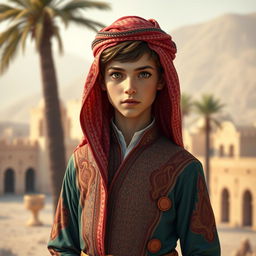 A portrait of an Arab femboy boy in 1875, showcasing an elaborate traditional outfit with intricate patterns and rich colors